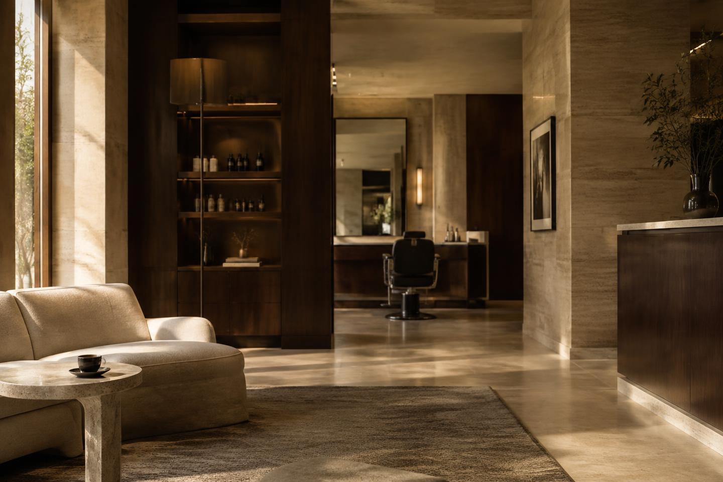 The warm travertine lounge with a coffee waiting